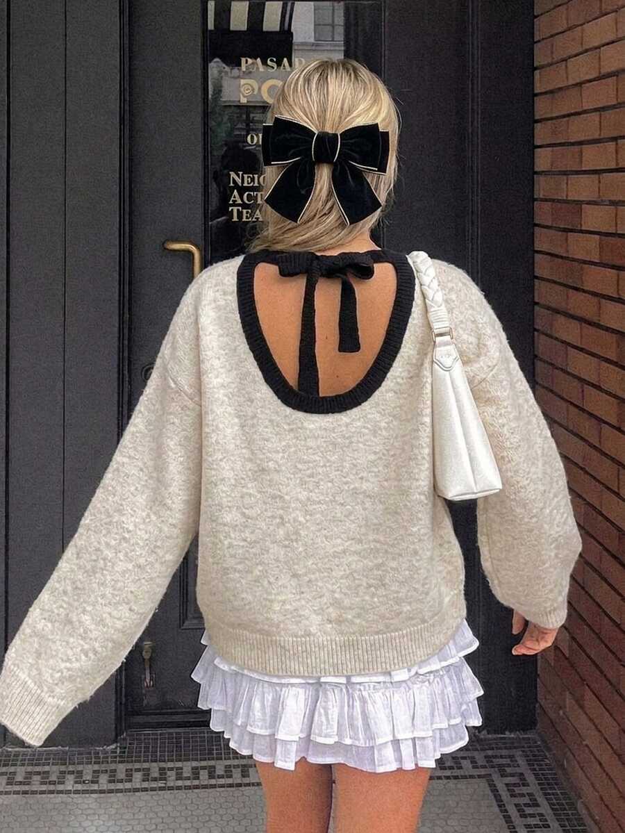 Serisse Women's Colorblock Back Cutout Tie Design Long Sleeve Sweater Fall Dark Academia Coquette Oversized Knit - Apricot - View 1