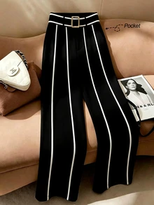 GlowEve CURVE Plus Size Women's Versatile High-End Color Block Metal Buckle Decor Long Pants Office Formal Black And White Autumn Elegant Business Casual Fall - Black - View 5