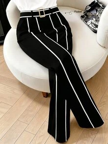 GlowEve CURVE Plus Size Women's Versatile High-End Color Block Metal Buckle Decor Long Pants Office Formal Black And White Autumn Elegant Business Casual Fall - Black - View 3