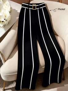 GlowEve CURVE Plus Size Women's Versatile High-End Color Block Metal Buckle Decor Long Pants Office Formal Black And White Autumn Elegant Business Casual Fall - Black - View 6