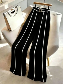 GlowEve CURVE Plus Size Women's Versatile High-End Color Block Metal Buckle Decor Long Pants Office Formal Black And White Autumn Elegant Business Casual Fall - Black - View 4