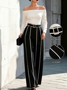 GlowEve CURVE Plus Size Women's Versatile High-End Color Block Metal Buckle Decor Long Pants Office Formal Black And White Autumn Elegant Business Casual Fall - Black - View 1