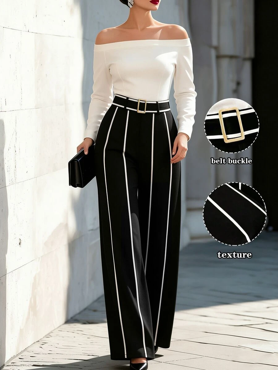 GlowEve CURVE Plus Size Women's Versatile High-End Color Block Metal Buckle Decor Long Pants Office Formal Black And White Autumn Elegant Business Casual Fall - Black - View 1