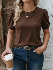 SHEIN LUNE قميص كاجوال أساسي بأكمام قصيرة وياقة مستديرة باللون الخاكي، مقاس كبير للنساء - قهوة بني - مشاهدة 5