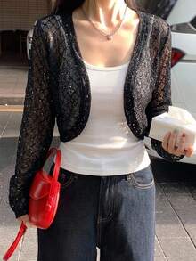 DAZY Women's Casual Textured Korean Style Lightweight Long Sleeve Jacket - Black - View 3