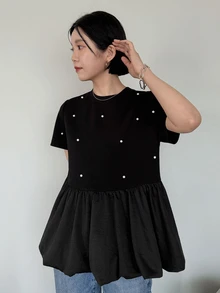FRIFUL Women's Summer Solid Color Round Neck Short Sleeve Rhinestone Pleated T-Shirt - Black - View 6