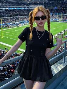 FRIFUL Women's Summer Solid Color Round Neck Short Sleeve Rhinestone Pleated T-Shirt - Black - View 2