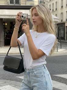 DAZY Solid Round Neck Tee - White - View 5