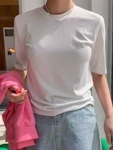 DAZY Solid Round Neck Tee - White - View 8