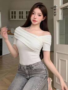DAZY Women's Elegant Solid Color Asymmetric Collar T-Shirt, Summer - White - View 6