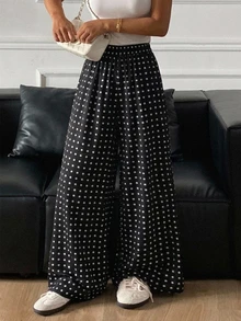 DAZY Polka Dot Print Wide Leg Pants With Elastic Waist For Women Plaid - Black - View 2
