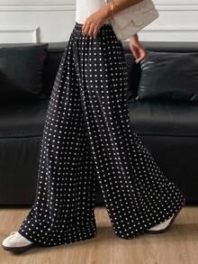 DAZY Polka Dot Print Wide Leg Pants With Elastic Waist For Women Plaid - Black - View 1