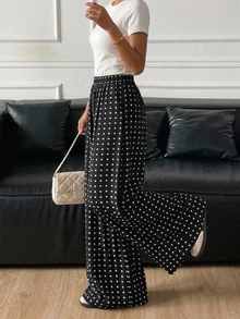 DAZY Polka Dot Print Wide Leg Pants With Elastic Waist For Women Plaid - Black - View 4