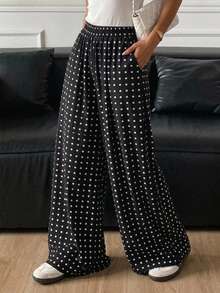 DAZY Polka Dot Print Wide Leg Pants With Elastic Waist For Women Plaid - Black - View 5