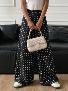 DAZY Polka Dot Print Wide Leg Pants With Elastic Waist For Women Plaid - Black - View 3