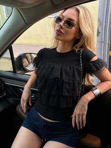 FRIFUL Women's Fashionable Versatile Multi-Layer Hem T-Shirt, Suitable For Dates Cute Tops - Black - View 3