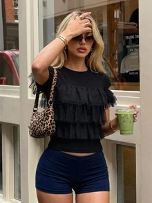 FRIFUL Women's Fashionable Versatile Multi-Layer Hem T-Shirt, Suitable For Dates Cute Tops - Black - View 5