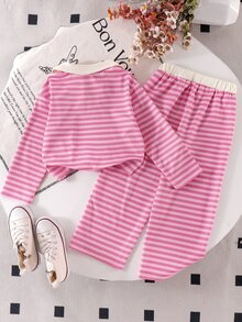 SHEIN Elladie kids 女童條紋領長袖上衣 + 鬆緊腰長褲套裝，柔軟休閒兒童兩件套服飾 - 粉色 - 查看 3
