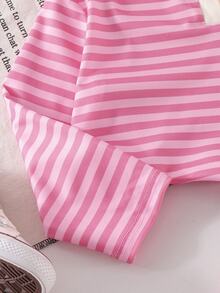 SHEIN Elladie kids 女童條紋領長袖上衣 + 鬆緊腰長褲套裝，柔軟休閒兒童兩件套服飾 - 粉色 - 查看 6
