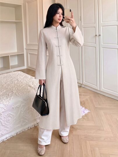 Celisse Áo khoác trench nữ dáng ôm tôn eo, cổ đứng, vạt mở phía trước, cài cúc ếch, phong cách vintage thời trang thanh lịch cho đi làm và dã ngoại
