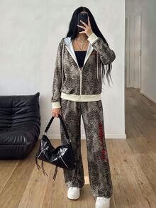 StreetHx Setelan Streetwear Wanita 2 Potong: Hoodie Longgar Motif Leopard + Celana Panjang Lebar - MultiWarna - View 5