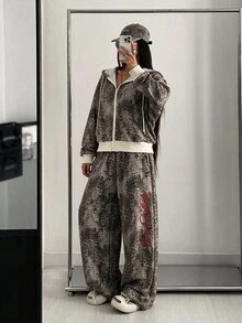StreetHx Setelan Streetwear Wanita 2 Potong: Hoodie Longgar Motif Leopard + Celana Panjang Lebar - MultiWarna - View 1