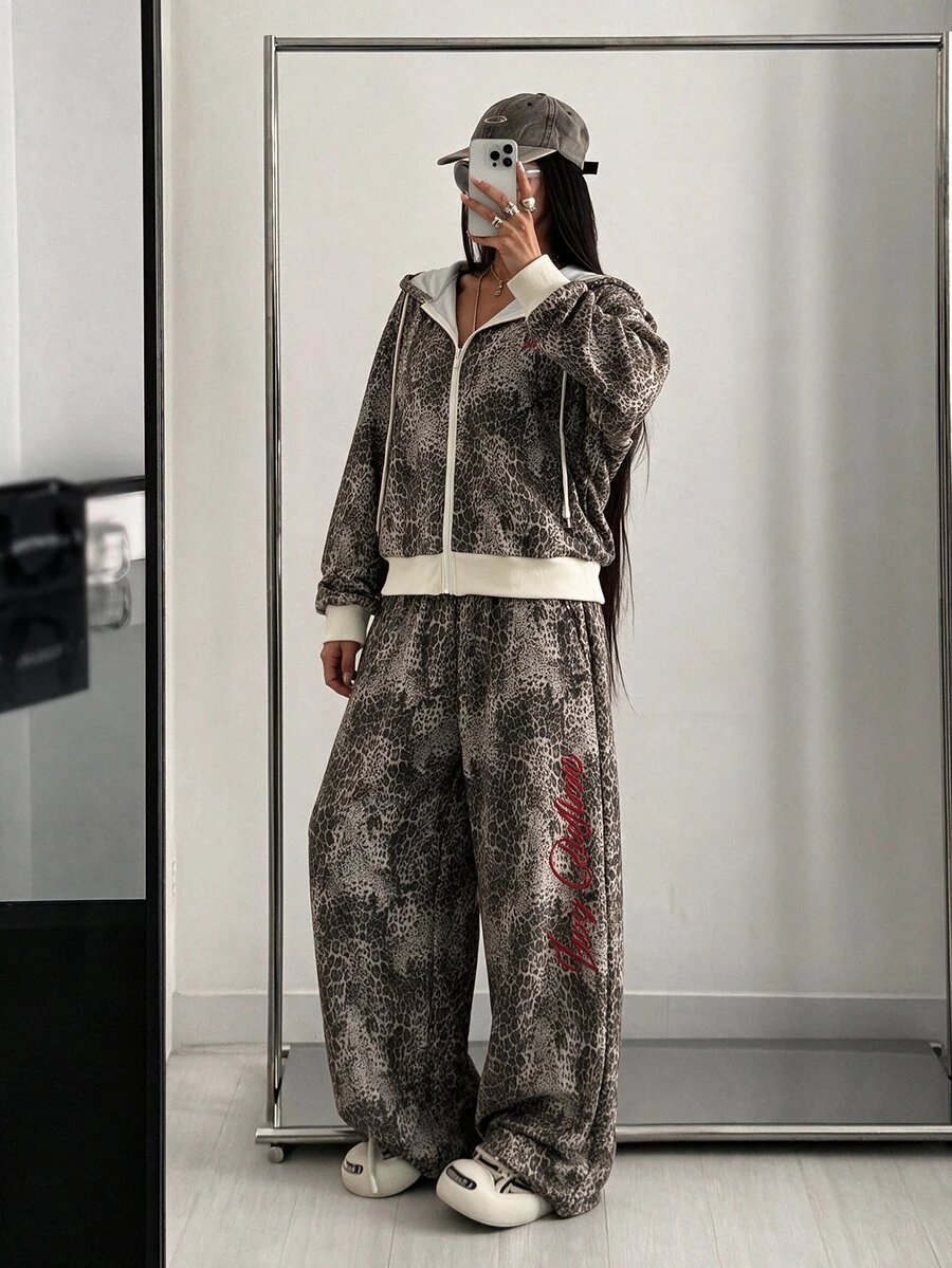 StreetHx Setelan Streetwear Wanita 2 Potong: Hoodie Longgar Motif Leopard + Celana Panjang Lebar - MultiWarna - View 1