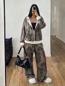 StreetHx Setelan Streetwear Wanita 2 Potong: Hoodie Longgar Motif Leopard + Celana Panjang Lebar - MultiWarna - View 6