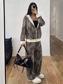 StreetHx Setelan Streetwear Wanita 2 Potong: Hoodie Longgar Motif Leopard + Celana Panjang Lebar - MultiWarna - View 4