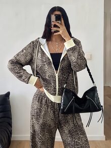 StreetHx Setelan Streetwear Wanita 2 Potong: Hoodie Longgar Motif Leopard + Celana Panjang Lebar - MultiWarna - View 3
