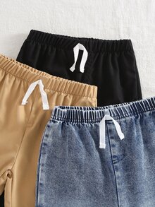 SHEIN Vintaside Kids 3件組男嬰牛仔長褲 學院風 黑色卡其色藍色 鬆緊腰抽繩 真牛仔布 直筒版型 常規款 戶外 秋季 假期 婚禮賓客穿著 - 彩色 - 查看 5