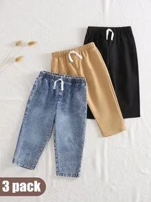 SHEIN Vintaside Kids 3件組男嬰牛仔長褲 學院風 黑色卡其色藍色 鬆緊腰抽繩 真牛仔布 直筒版型 常規款 戶外 秋季 假期 婚禮賓客穿著 - 彩色 - 查看 3