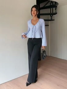 Siren Gaze Women's Striped Front Tie Long Sleeve Ruffle Casual Shirt - Blue - View 7