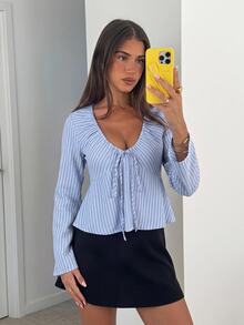 Siren Gaze Women's Striped Front Tie Long Sleeve Ruffle Casual Shirt - Blue - View 4