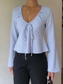 Siren Gaze Women's Striped Front Tie Long Sleeve Ruffle Casual Shirt - Blue - View 6