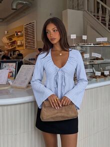 Siren Gaze Women's Striped Front Tie Long Sleeve Ruffle Casual Shirt - Blue - View 2