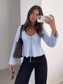 Siren Gaze Women's Striped Front Tie Long Sleeve Ruffle Casual Shirt - Blue - View 1