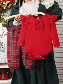 SHEIN Vintaside Kids 2件組女嬰春秋甜美套裝，紅色直紋羅紋荷葉袖長袖連身衣，配豹紋印花鈕扣與荷葉邊飾，搭配格紋3D提花收口褲，紅色大蝴蝶結腰帶，柔軟彈性面料，溫柔韓風，適合日常穿著與1歲生日拍照 - 紅色 - 查看 6