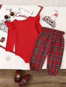 SHEIN Vintaside Kids 2件組女嬰春秋甜美套裝，紅色直紋羅紋荷葉袖長袖連身衣，配豹紋印花鈕扣與荷葉邊飾，搭配格紋3D提花收口褲，紅色大蝴蝶結腰帶，柔軟彈性面料，溫柔韓風，適合日常穿著與1歲生日拍照 - 紅色 - 查看 2