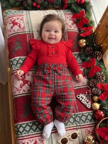 SHEIN Vintaside Kids 2件組女嬰春秋甜美套裝，紅色直紋羅紋荷葉袖長袖連身衣，配豹紋印花鈕扣與荷葉邊飾，搭配格紋3D提花收口褲，紅色大蝴蝶結腰帶，柔軟彈性面料，溫柔韓風，適合日常穿著與1歲生日拍照 - 紅色 - 查看 5