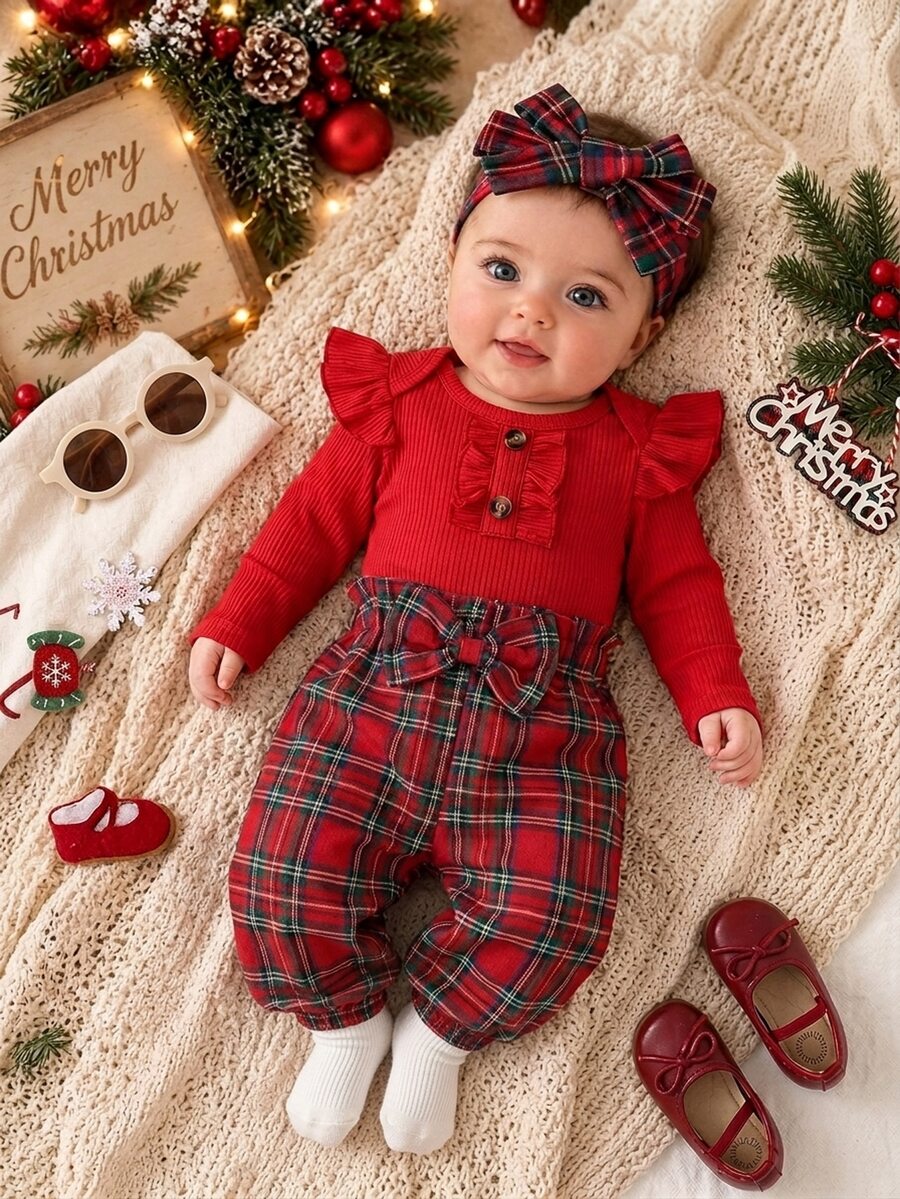 SHEIN Vintaside Kids 2件組女嬰春秋甜美套裝,紅色直紋羅紋荷葉袖長袖連身衣,配豹紋印花鈕扣與荷葉邊飾,搭配格紋3D提花收口褲,紅色大蝴蝶結腰帶,柔軟彈性面料,溫柔韓風,適合日常穿著與1歲生日拍照 - 紅色 - 查看 1