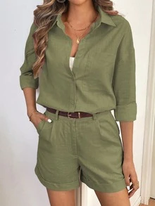 SHEIN 棉质口袋休闲舒适衬衫 & 短裤套装 - 軍綠色 - 查看 4