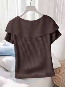 GlowEve Women's Solid Color Button Design Asymmetric Collar Casual Short Sleeve T-Shirt - Chocolate Brown - View 2