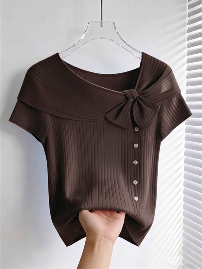 GlowEve Women's Solid Color Button Design Asymmetric Collar Casual Short Sleeve T-Shirt