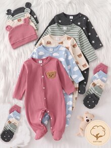 Newborn Soft Comfortable Warm Gray-Blue Cotton-Feel Fabric Button-Front Open-Chest Towel Embroidery Bear Patch Long Sleeve Footed Romper Hat Gloves 3-Piece Set - Rose Red - View 3