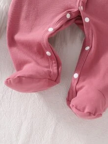 Newborn Soft Comfortable Warm Gray-Blue Cotton-Feel Fabric Button-Front Open-Chest Towel Embroidery Bear Patch Long Sleeve Footed Romper Hat Gloves 3-Piece Set - Rose Red - View 8