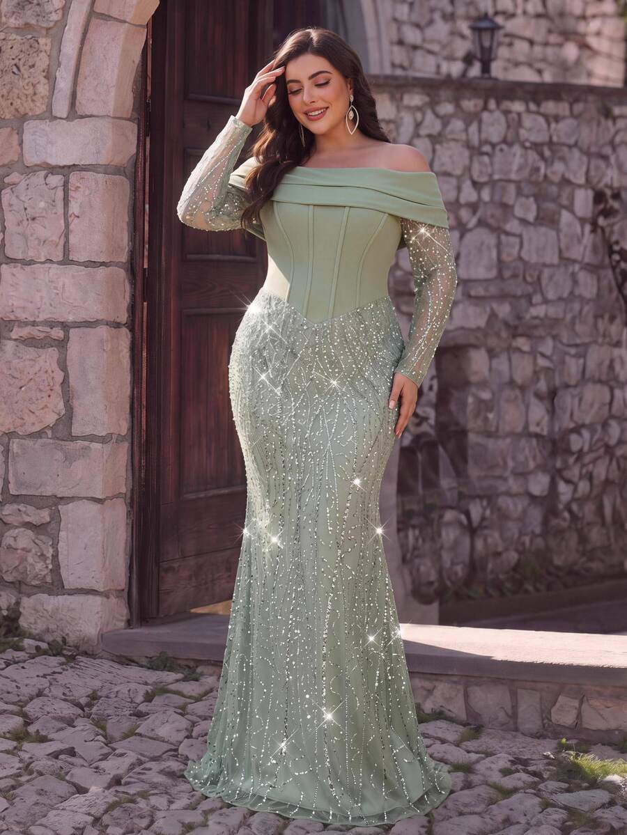 Aureia فستان حورية بحر أنيق فاخر باللون الأخضر الفاتح مزين بالخرز والترتر والتطريز والقطع المرقعة من الصوف المحبوك المرن مع سلسلة من أحجار الراين، بأكمام واسعة مكشوفة الكتفين وأكمام قابلة للفصل، مناسب للزفاف والحفلات وحفلات العزوبية والعطلات وحفلات التخرج وحفلات السهرة (أسلوب عمل يدوي ثقيل) - أخضر - مشاهدة 1