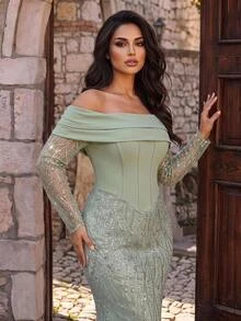 Aureia فستان حورية بحر أنيق فاخر باللون الأخضر الفاتح مزين بالخرز والترتر والتطريز والقطع المرقعة من الصوف المحبوك المرن مع سلسلة من أحجار الراين، بأكمام واسعة مكشوفة الكتفين وأكمام قابلة للفصل، مناسب للزفاف والحفلات وحفلات العزوبية والعطلات وحفلات التخرج وحفلات السهرة (أسلوب عمل يدوي ثقيل) - أخضر - مشاهدة 3