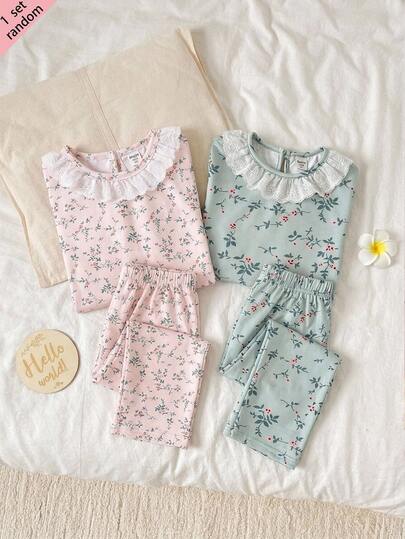SHEIN Young Girl Young Girl Simple Fashion Floral Print Ruffle Trim Long Sleeve Pants Comfortable Loungewear Set