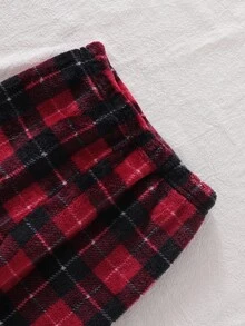 2件組女嬰柔軟蓬鬆白色長袖上衣與長褲套裝，企鵝刺繡、3D蝴蝶結、紅色毛絨格紋，保暖冬季款 - 彩色 - 查看 5